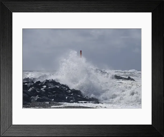 Framed Print : Strong waves with spray in a storm at the pier of Hvide Sande, Jutland, Denmark, Europe Framed Print : Strong waves with spray in a storm at the pier of Hvide Sande, Jutland, Denmark, Europe