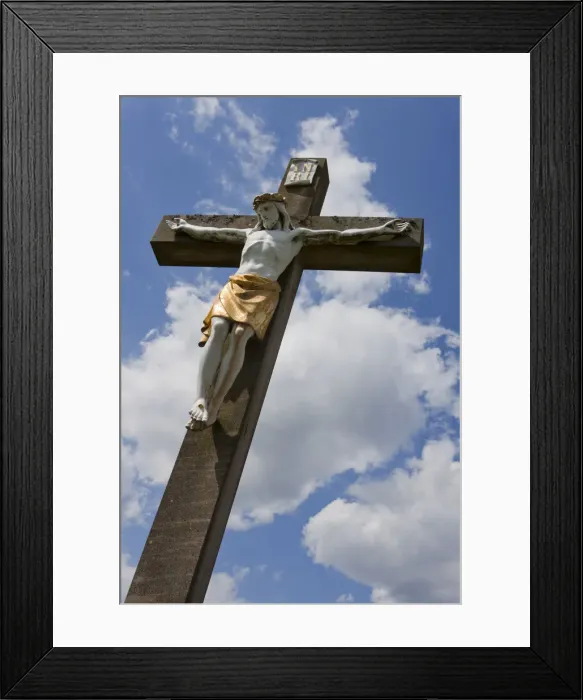Framed Print : Crucifix, wayside cross against a blue sky with white clouds, Rhineland-Palatinate, Germany, Europe Framed Print : Crucifix, wayside cross against a blue sky with white clouds, Rhineland-Palatinate, Germany, Europe