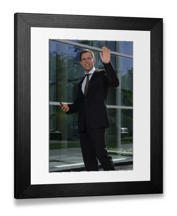 Framed Print : Business man greeting someone outside a bank
