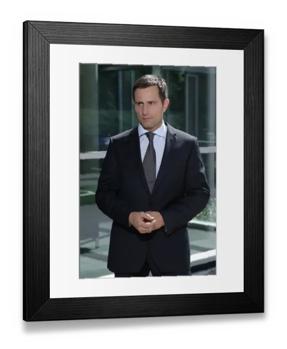 Framed Print : Business man outside a bank building Framed Print : Business man outside a bank building