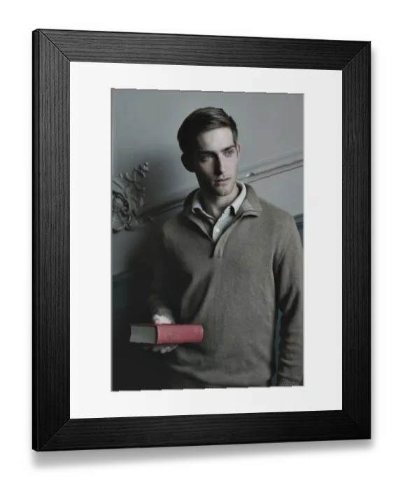 Framed Print : Man holding a book in the stairwell, nostalgic portrait Framed Print : Man holding a book in the stairwell, nostalgic portrait