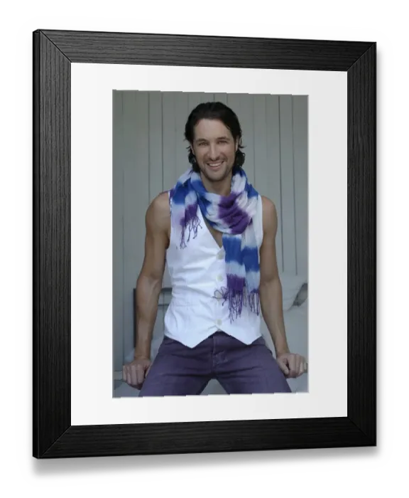 Framed Print : Man, early 30s, waring a colourful scarf, fashion portrait