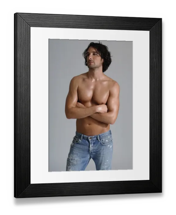 Framed Print : Athletic man, early 30s, bare-chested wearing jeans Framed Print : Athletic man, early 30s, bare-chested wearing jeans