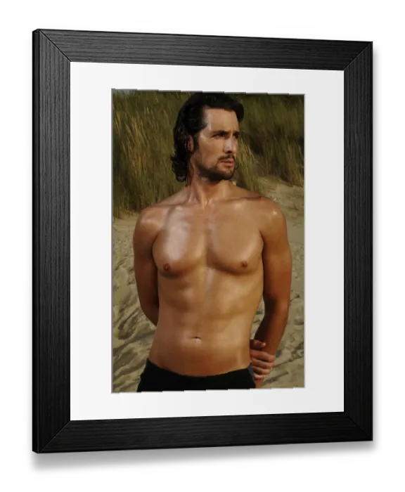 Framed Print : Muscular man wearing swimming trunks standing on a beach Framed Print : Muscular man wearing swimming trunks standing on a beach