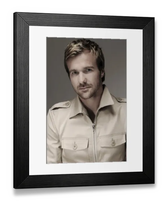 Framed Print : Man in his mid-thirties, beige shirt, portrait