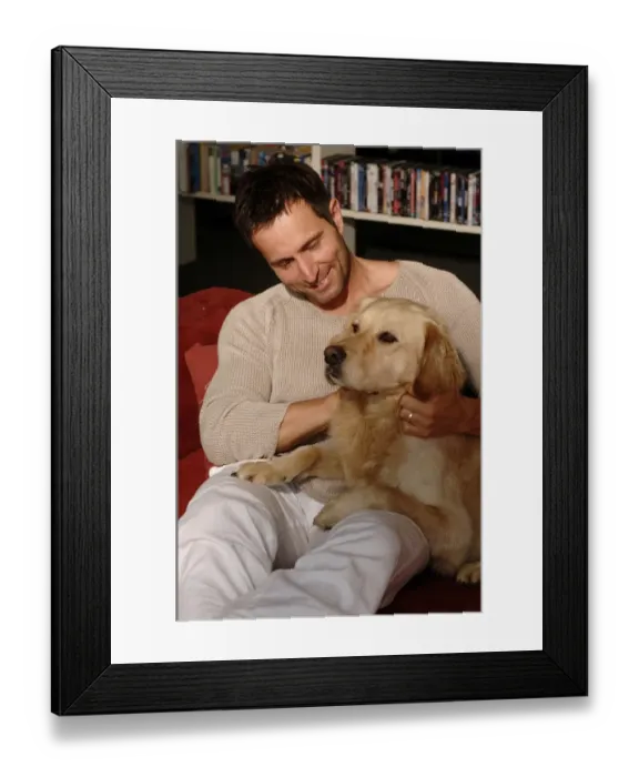 Framed Print : Man with Golden Retriever sitting on a sofa Framed Print : Man with Golden Retriever sitting on a sofa