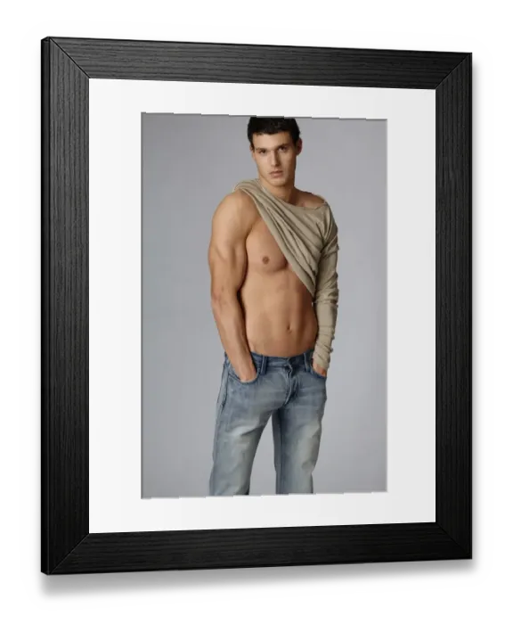 Framed Print : Young athlete in jeans, with half-naked chest Framed Print : Young athlete in jeans, with half-naked chest