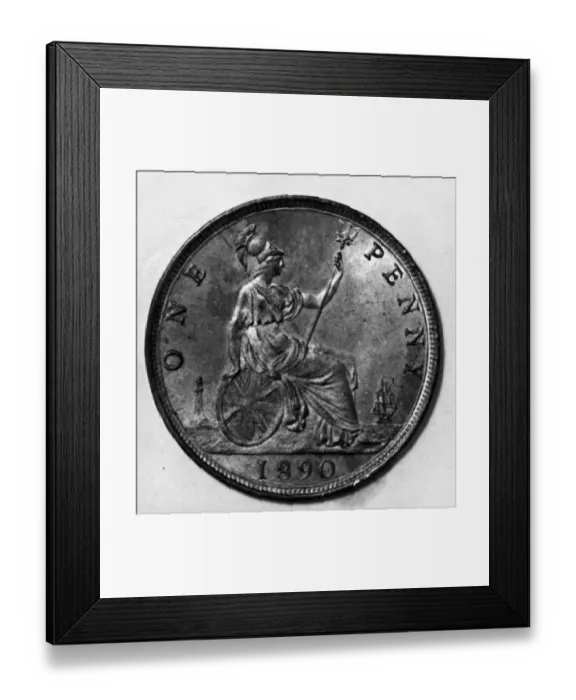 Framed Print : One Penny. 1890: The One Penny piece depicting Britannia Framed Print : One Penny. 1890: The One Penny piece depicting Britannia