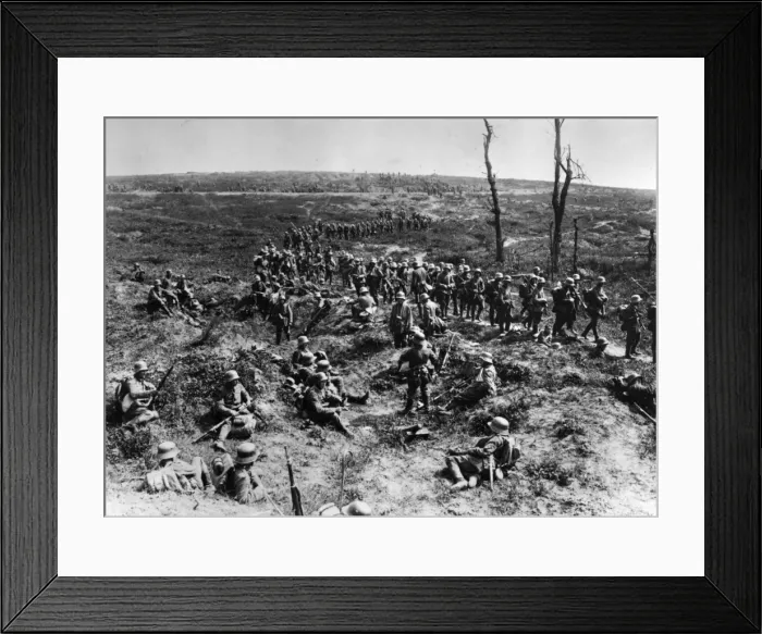 Framed Print : Setback. May 1916: German infantry retreating in a column across the desolate Framed Print : Setback. May 1916: German infantry retreating in a column across the desolate