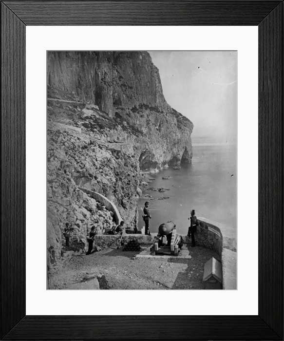 Framed Print : Gibraltar. 1862: Soldiers stand guard by a cannon overlooking the sea on Framed Print : Gibraltar. 1862: Soldiers stand guard by a cannon overlooking the sea on