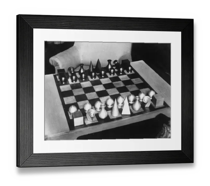 Framed Print : Chess Set. circa 1960: A geometric chess set ready for a game Framed Print : Chess Set. circa 1960: A geometric chess set ready for a game