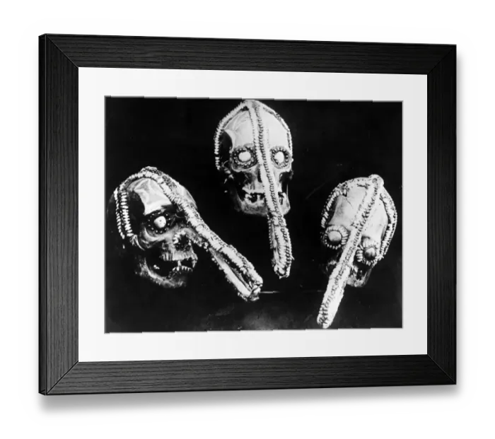 Framed Print : Big Noses. circa 1950: Decorated human skulls used by witch doctors in Ghana