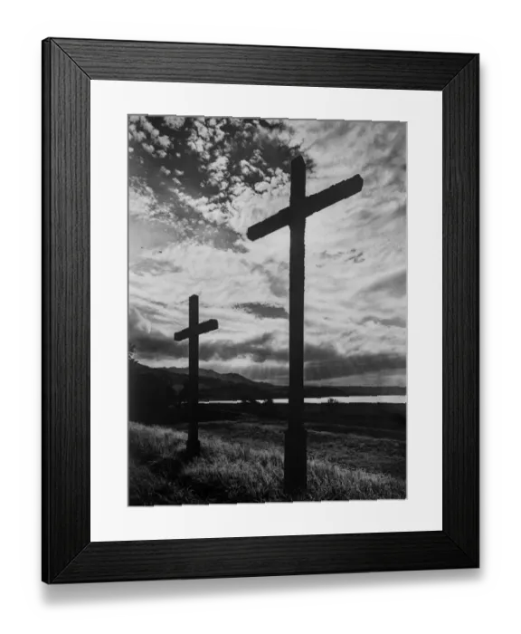 Framed Print : Crosses. circa 1930: Two crosses silhouetted aganist a windswept sky in Framed Print : Crosses. circa 1930: Two crosses silhouetted aganist a windswept sky in
