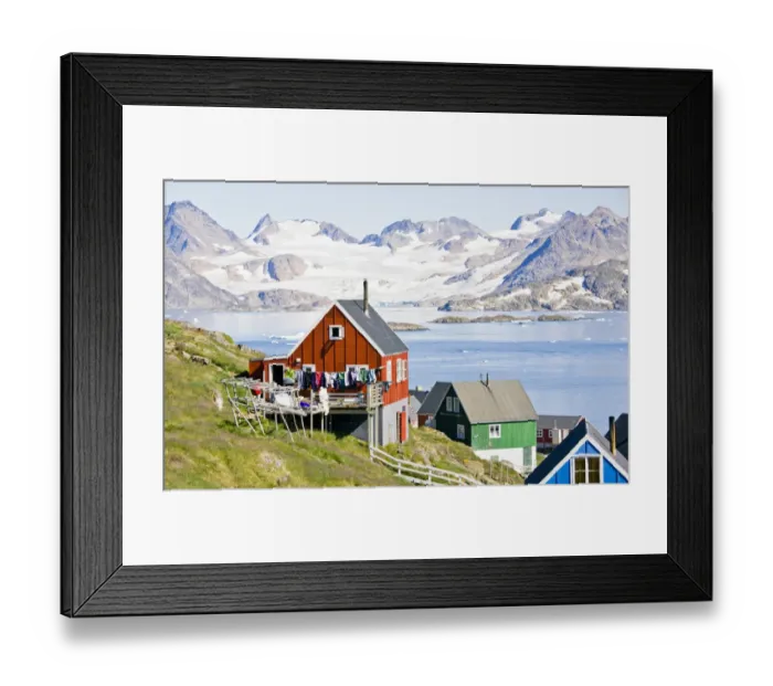 Framed Print : Greenland, Kulusuk, houses with laundry lines Framed Print : Greenland, Kulusuk, houses with laundry lines