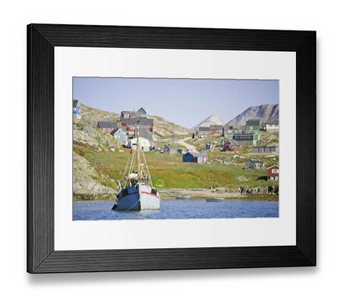 Framed Print : Greenland, Kulusuk, fishing boat anchored near shore Framed Print : Greenland, Kulusuk, fishing boat anchored near shore