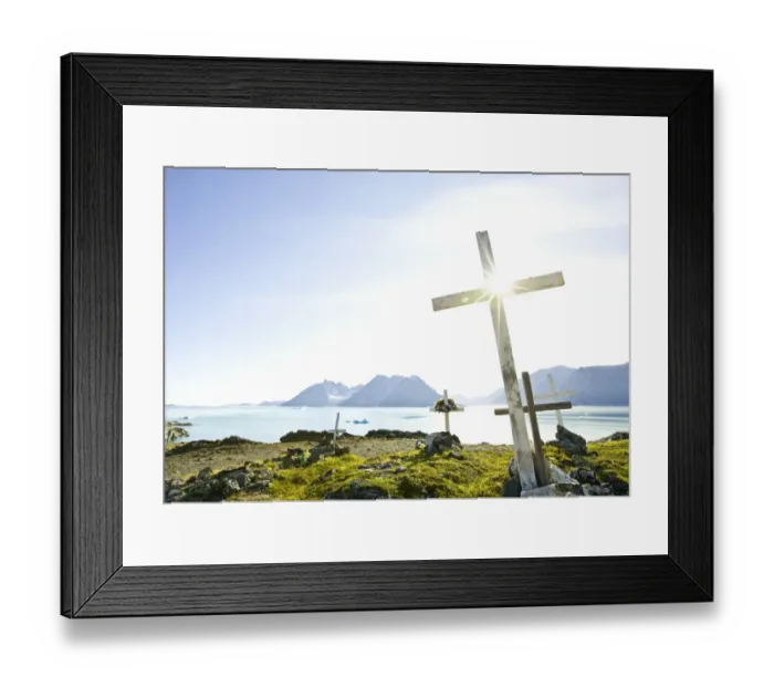 Framed Print : Greenland, Tasiilaq, cemetery with white wooden crosses Framed Print : Greenland, Tasiilaq, cemetery with white wooden crosses