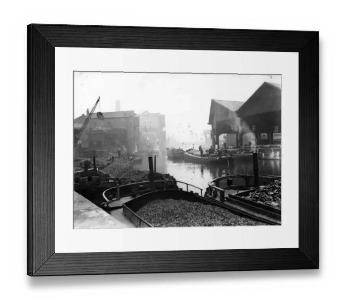 Framed Print : Barges. circa 1923: Narrow boats carrying cargo on the River Aire Framed Print : Barges. circa 1923: Narrow boats carrying cargo on the River Aire