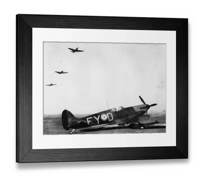 Framed Print : Spitfires. 11th January 1940: A Royal Air Force Spitfire on the ground and three in flight Framed Print : Spitfires. 11th January 1940: A Royal Air Force Spitfire on the ground and three in flight