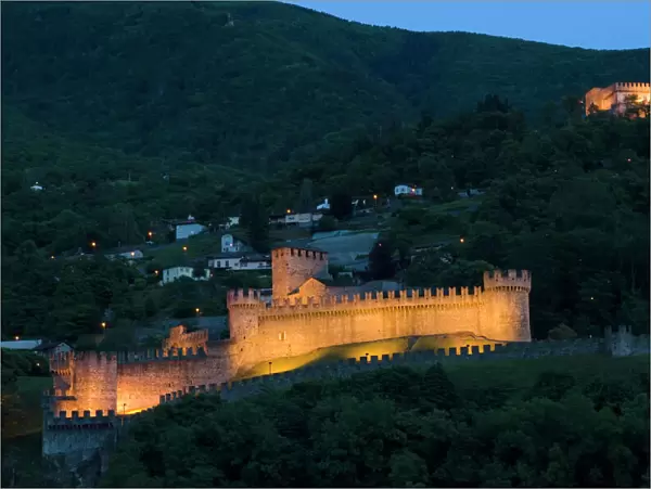 Switzerland, Ticino, Bellinzona, Castello di Montebello at dusk