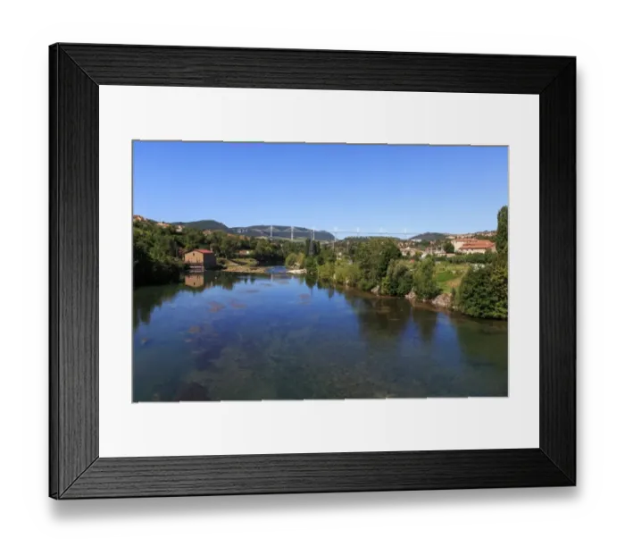 Framed Print : Millau  /  France old town at Tarn River - The Millau Viaduct (for what this city is mostly known) in background