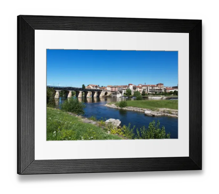 Framed Print : Millau / France old town at Tarn River - Historic bridge and the Millau Viaduct (for what this city is mostly known) in background Framed Print : Millau / France old town at Tarn River - Historic bridge and the Millau Viaduct (for what this city is mostly known) in background