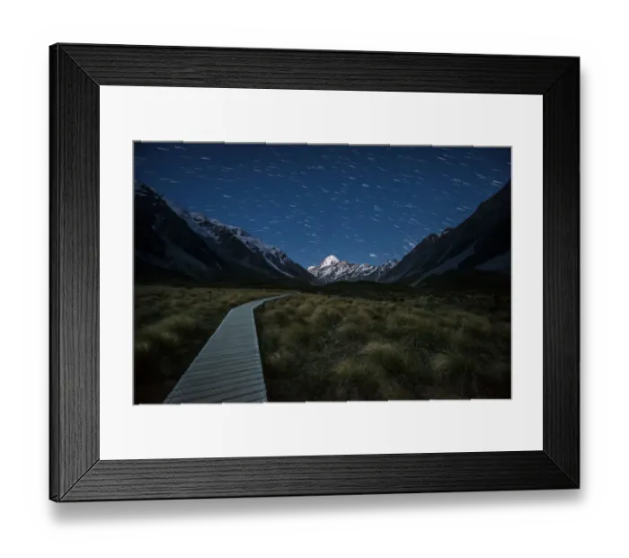 Framed Print : Boardwalk in the Hooker valley in the middle of stars tail to Aoraki national park Framed Print : Boardwalk in the Hooker valley in the middle of stars tail to Aoraki national park
