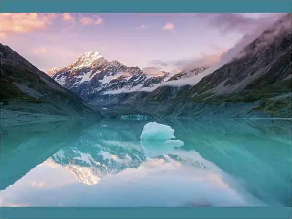 Mt Cook at sunset reflected in lake, New Zealand