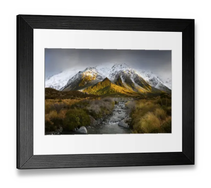 Framed Print : River bridge snow mountains sunshine Framed Print : River bridge snow mountains sunshine
