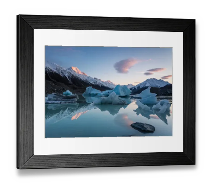 Framed Print : Sunrise at Tasman glacier river