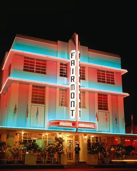 USA, Florida, Miami Beach, Art Deco Hotel illuminated at night