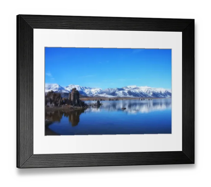 Framed Print : Mono lake. Clear sky over snow covering mountains with reflection on Mono lake in winter Framed Print : Mono lake. Clear sky over snow covering mountains with reflection on Mono lake in winter