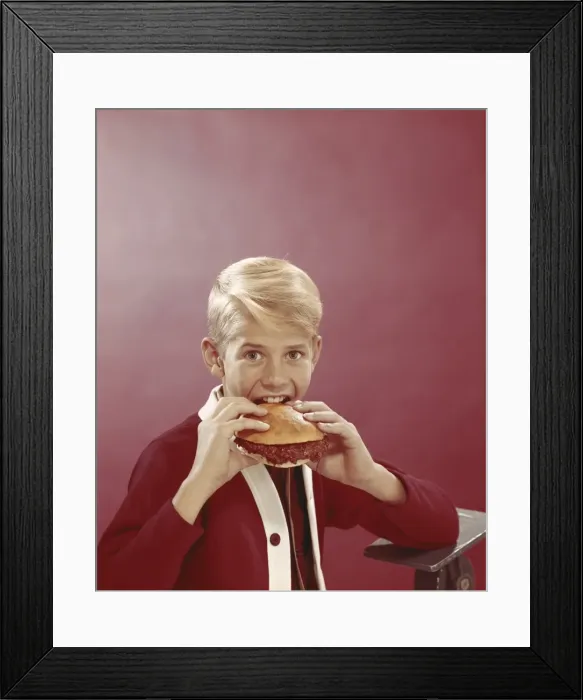 Framed Print : Boy eating burger, portrait Framed Print : Boy eating burger, portrait