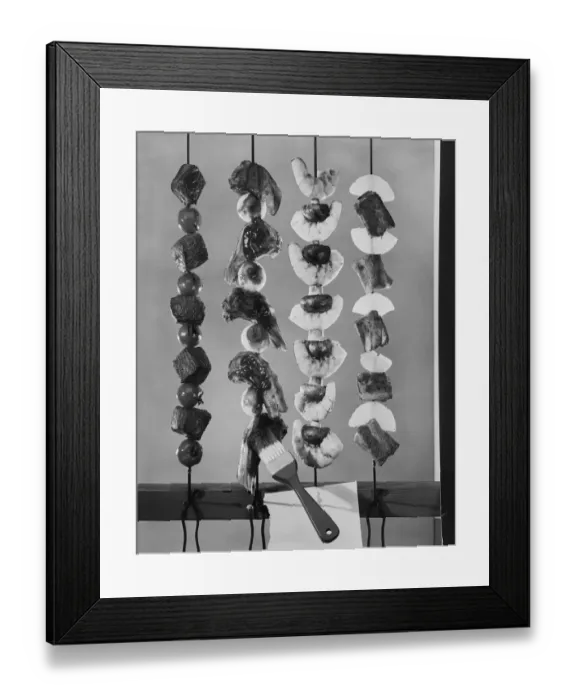 Framed Print : Variety of meat and fish skewers, close-up