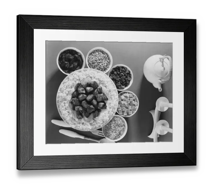 Framed Print : Rice topped with meat in bowl, close-up