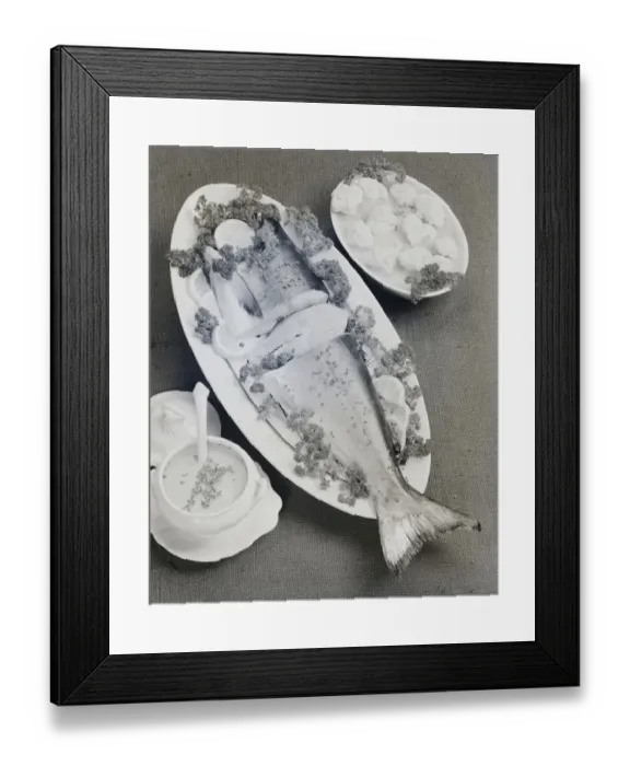 Framed Print : Fish garnished with lemon and coriander in plate, close-up Framed Print : Fish garnished with lemon and coriander in plate, close-up