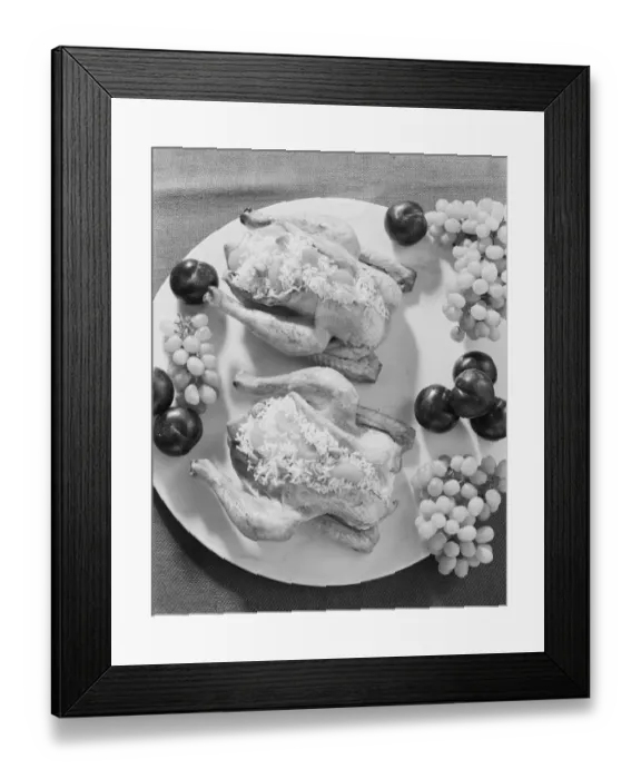 Framed Print : Stuffed chicken and fruits in plate, close-up Framed Print : Stuffed chicken and fruits in plate, close-up