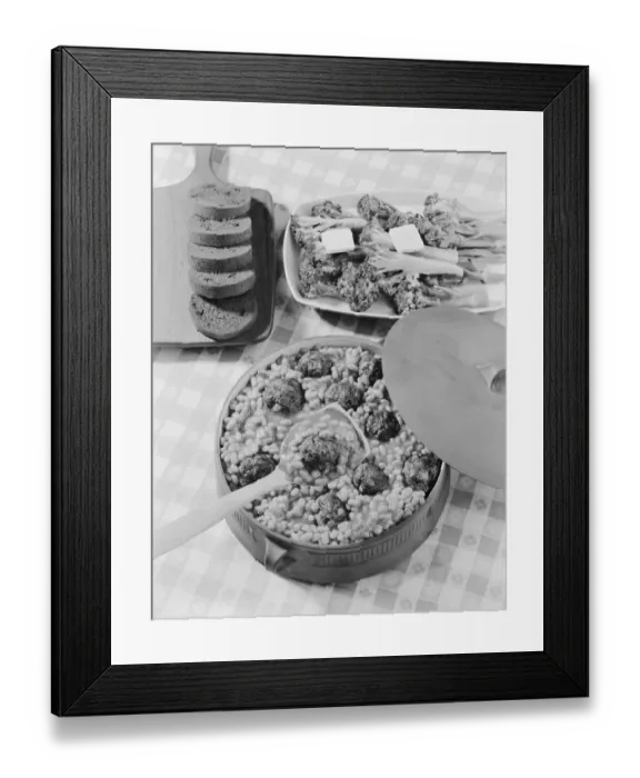 Framed Print : Meatballs with beans in stew pot, close-up
