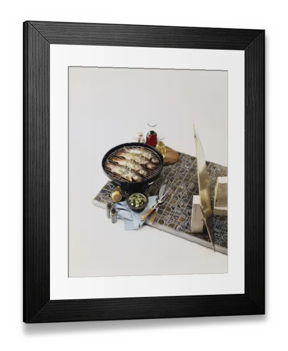 Framed Print : Fishes on barbecue grill against white background Framed Print : Fishes on barbecue grill against white background