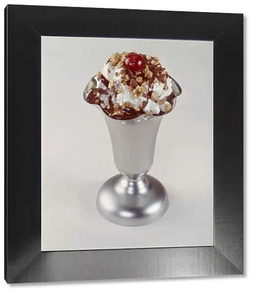 Ice cream sundae on white background, close-up