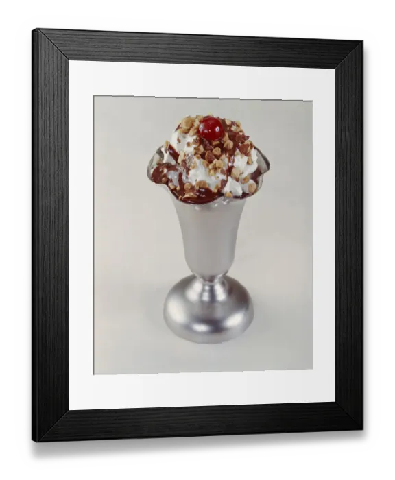 Framed Print : Ice cream sundae on white background, close-up Framed Print : Ice cream sundae on white background, close-up