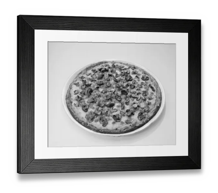 Framed Print : Pizza with mushrooms topping on white background, close-up Framed Print : Pizza with mushrooms topping on white background, close-up