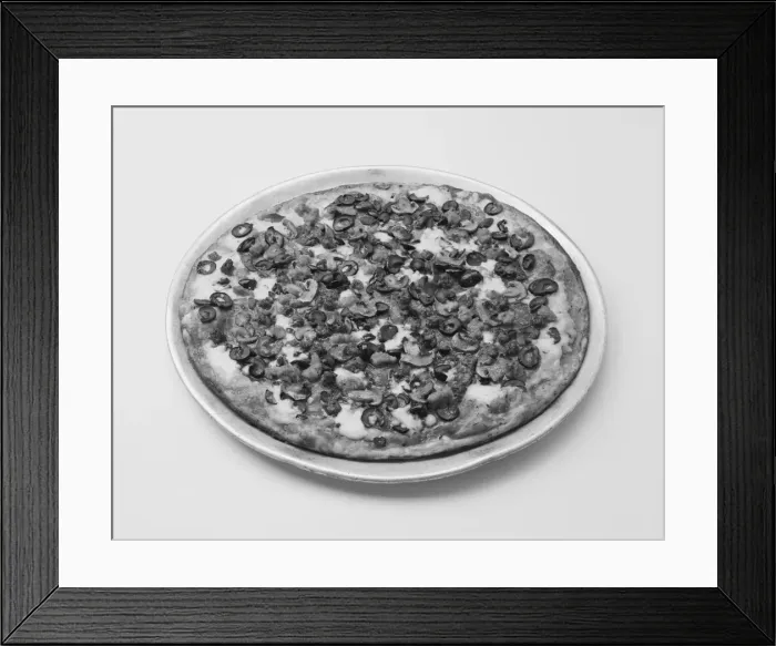 Framed Print : Pizza with toppings on white background, close-up Framed Print : Pizza with toppings on white background, close-up