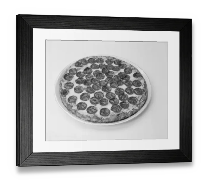 Framed Print : Pizza with toppings on white background, close-up Framed Print : Pizza with toppings on white background, close-up