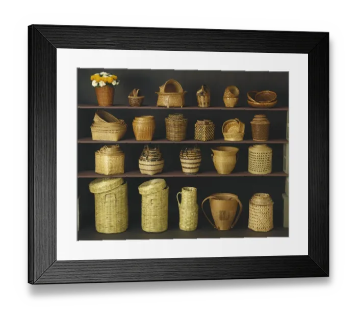 Framed Print : Wicker baskets and bowls on shelf Framed Print : Wicker baskets and bowls on shelf