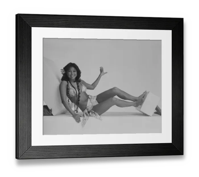Framed Print : Young woman in bikini on white background, smiling, portrait Framed Print : Young woman in bikini on white background, smiling, portrait