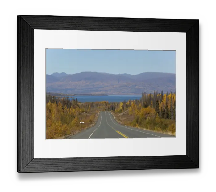 Framed Print : Haines Road towards Haines Pass, Alaska, Dezadeash Lake behind, Indian Summer, leaves in fall colours, autumn, St. Elias Mountains behind, Kluane National Park and Reserve, Yukon Territory, Canada