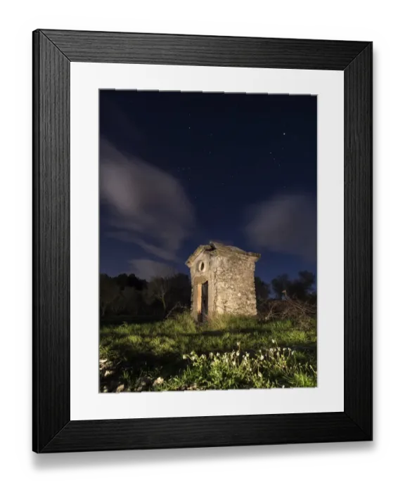 Framed Print : Shed a waterhole, abandoned medieval building, seen at night in the field Framed Print : Shed a waterhole, abandoned medieval building, seen at night in the field