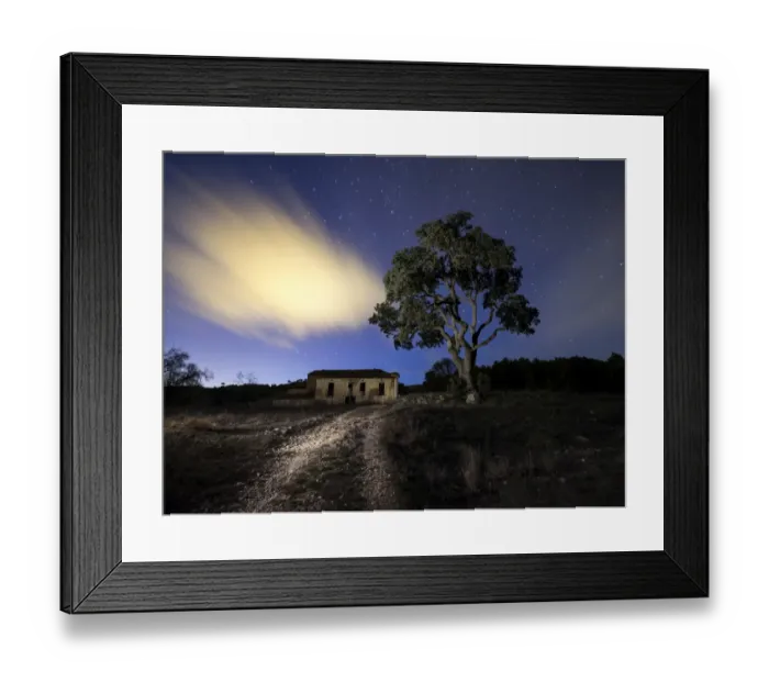 Framed Print : Abandoned dilapidated old farmhouse with a large tree beside it a night sky with stars Framed Print : Abandoned dilapidated old farmhouse with a large tree beside it a night sky with stars