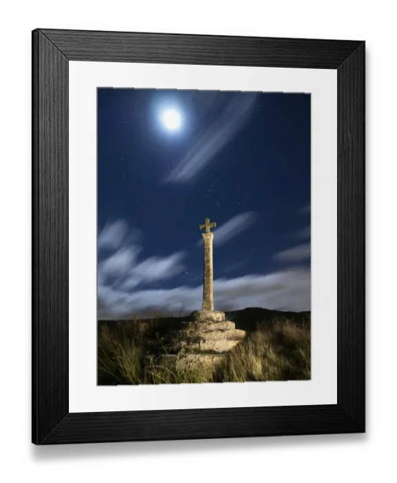 Framed Print : Ancient cross of stone to the dusk with full moon Framed Print : Ancient cross of stone to the dusk with full moon