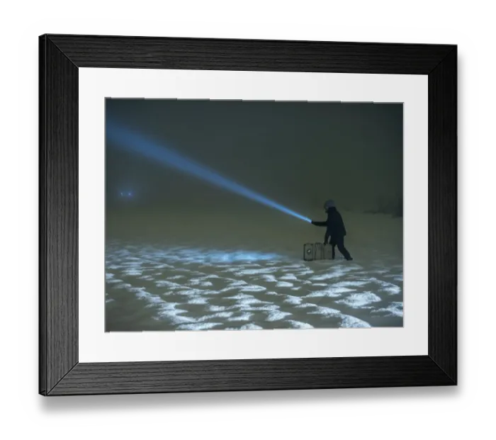 Framed Print : Silhouette of a person walking with a suitcase and a lantern, for a covered way of snow and fog during the night Framed Print : Silhouette of a person walking with a suitcase and a lantern, for a covered way of snow and fog during the night